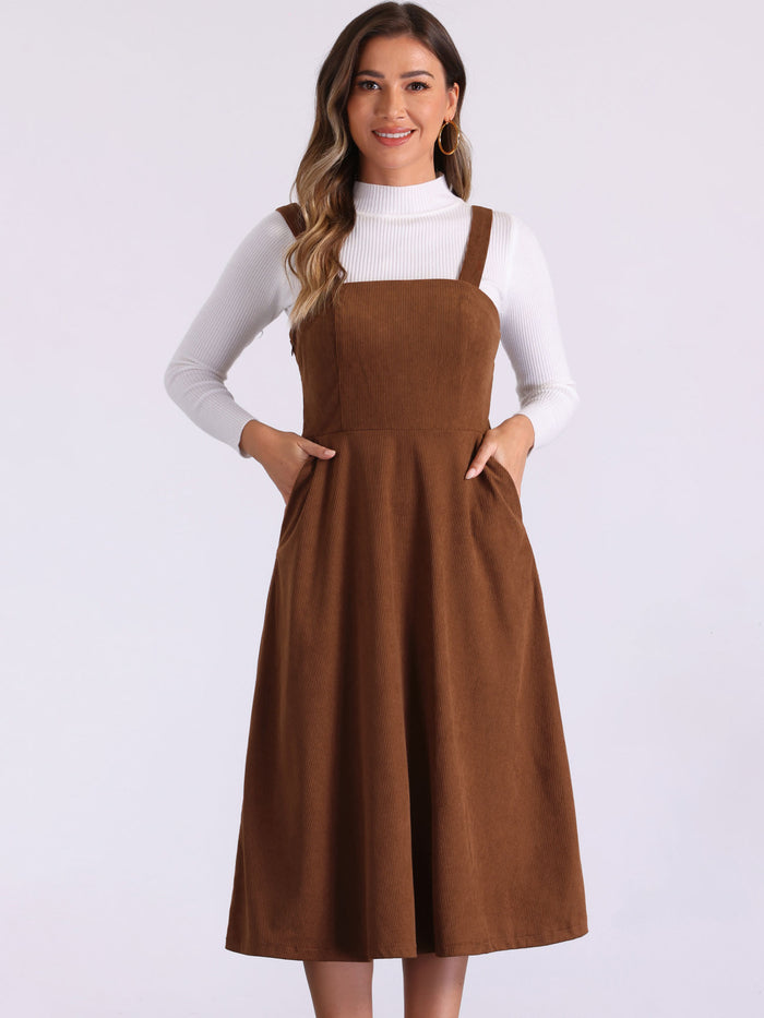 allegra k Corduroy Pockets A-Line Sleeveless Casual Midi Pinafore Dress