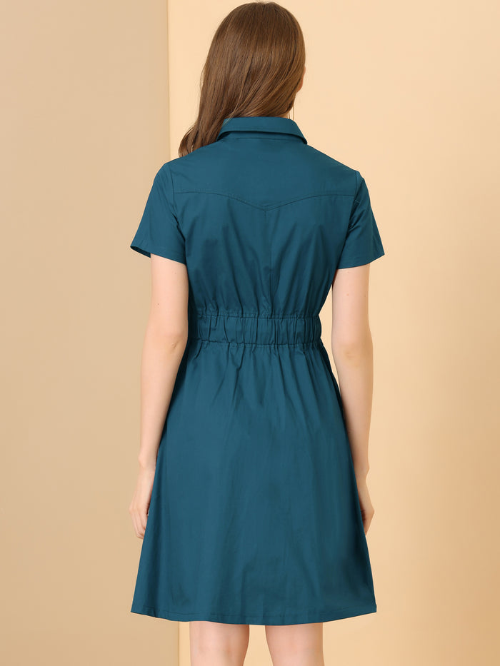 Allegra K Cotton Button Down Lace-Up Collar Cargo Shirt Dress