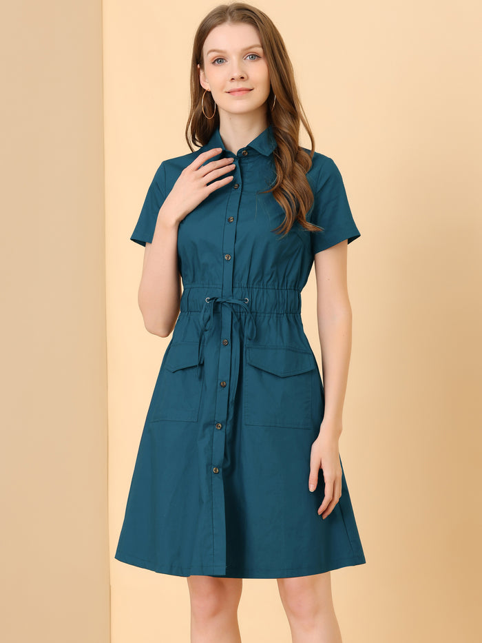 Allegra K Cotton Button Down Lace-Up Collar Cargo Shirt Dress