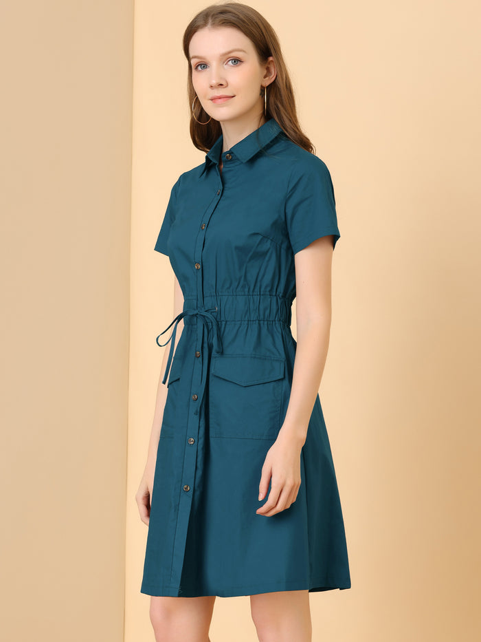 Allegra K Cotton Button Down Lace-Up Collar Cargo Shirt Dress