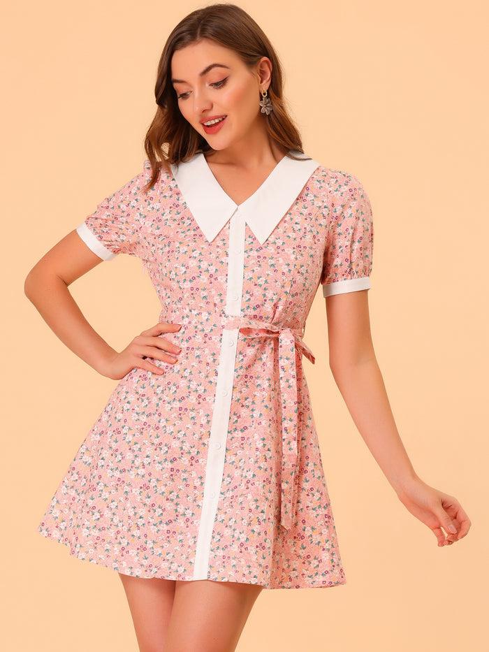 Allegra K Cotton Collared Floral Print Button Down Belted Waist Shirt Dress