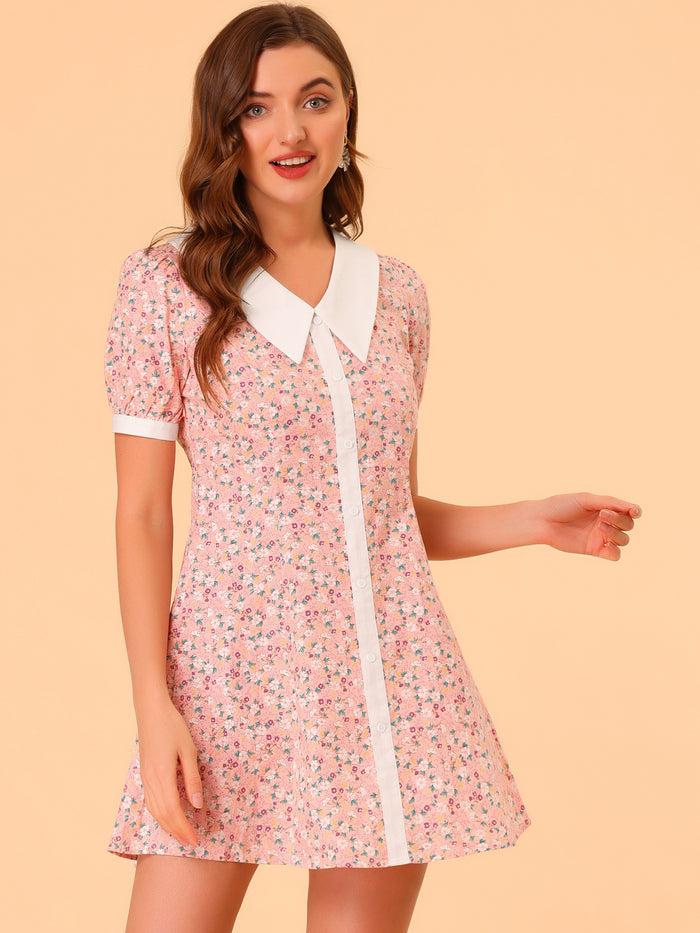 Allegra K Cotton Collared Floral Print Button Down Belted Waist Shirt Dress
