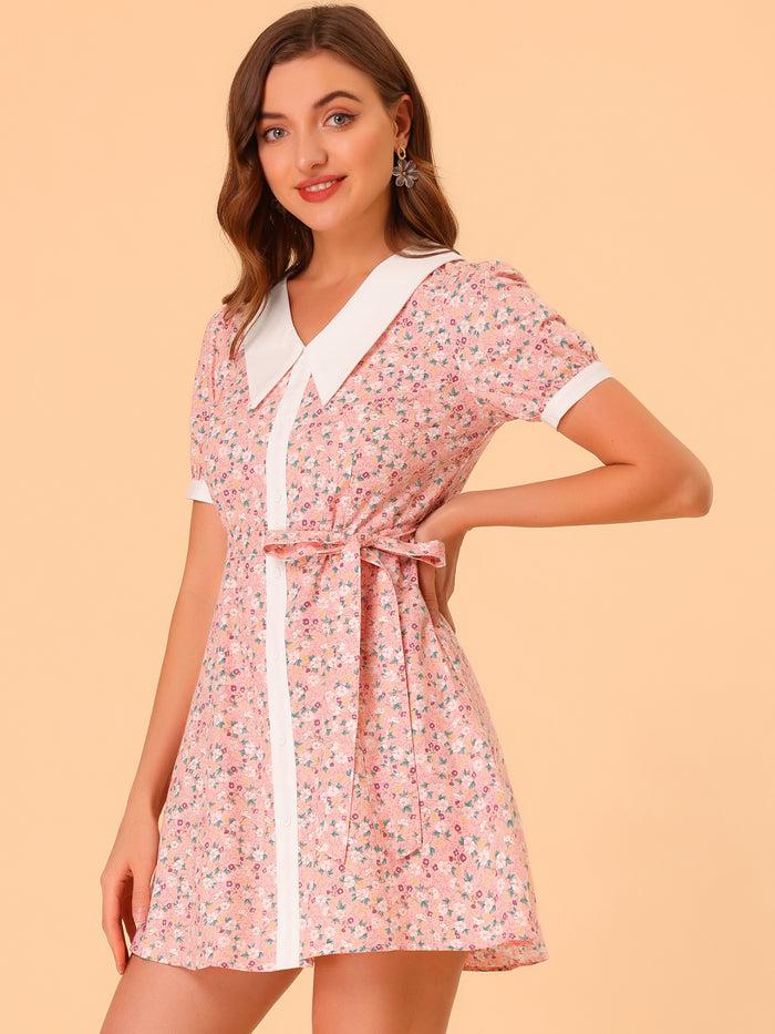 allegra k Cotton Collared Floral Print Button Down Belted Waist Shirt Dress
