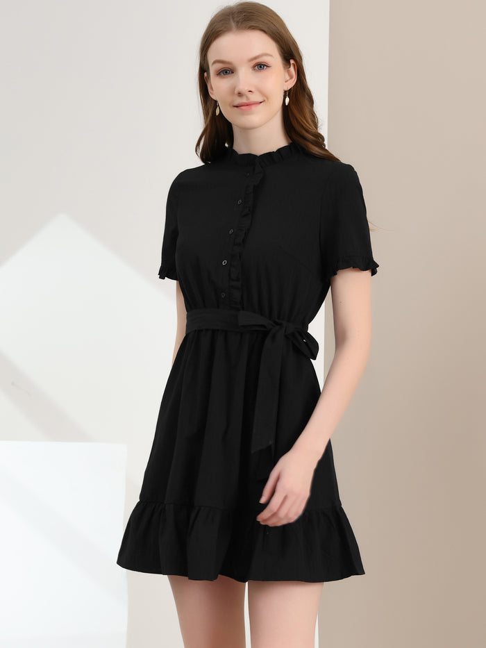Allegra K Cotton Fit And Flare Shirtdress Belted Button Front Ruffled Dress