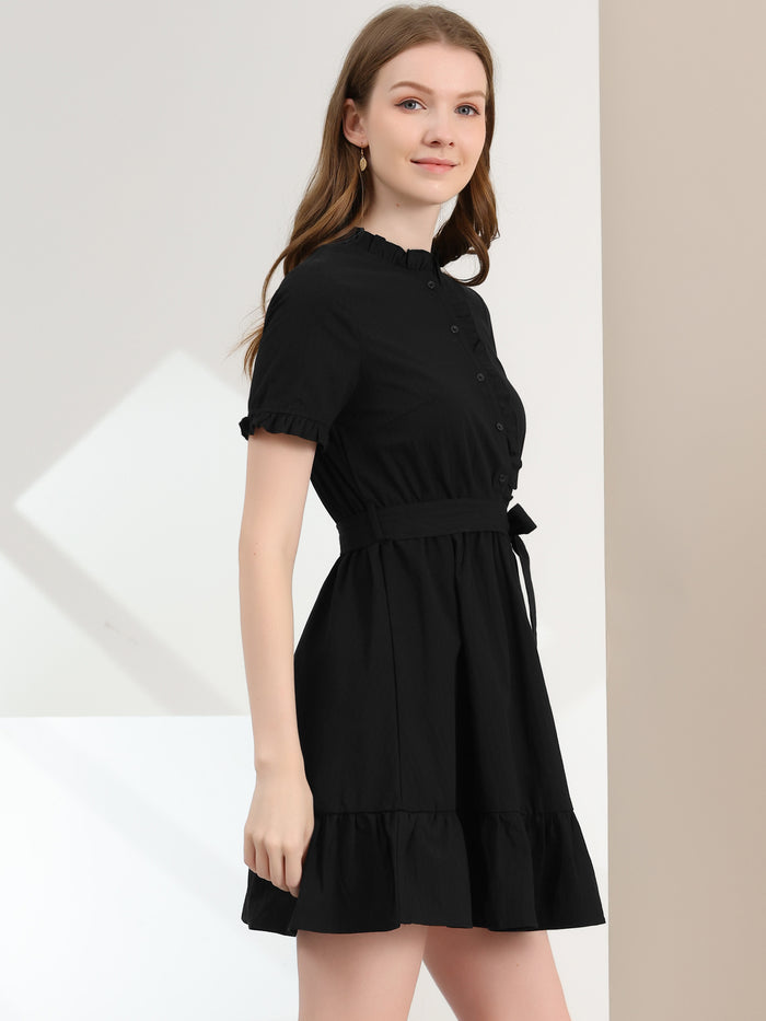 Allegra K Cotton Fit And Flare Shirtdress Belted Button Front Ruffled Dress