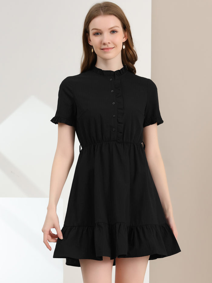 allegra k Cotton Fit and Flare Shirtdress Belted Button Front Ruffled Dress