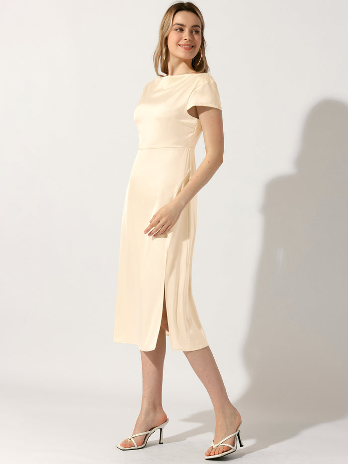 Allegra K Cowl Neck Cap Sleeve Twist Cut-Out Backless Slit Midi Satin Dress