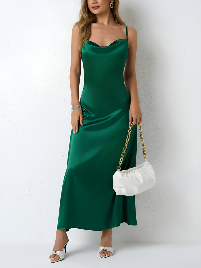 Allegra K Cowl Neck Sleeveless Satin Spaghetti Strap Solid Color Dress