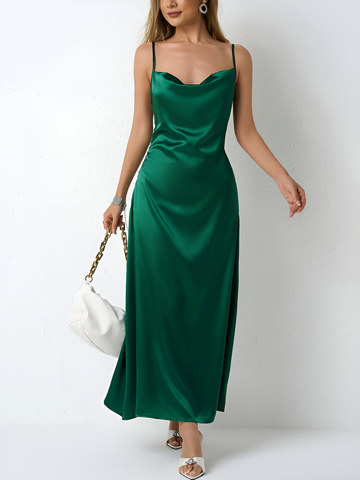 allegra k Cowl Neck Sleeveless Satin Spaghetti Strap Solid Color Dress