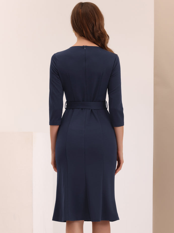 Allegra K Crew Neck 3/4 Sleeve Slit Office Belted Pencil Sheath Dress