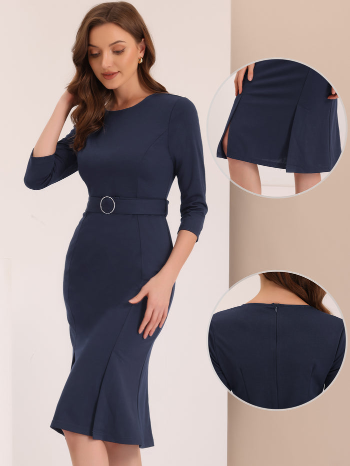 Allegra K Crew Neck 3/4 Sleeve Slit Office Belted Pencil Sheath Dress
