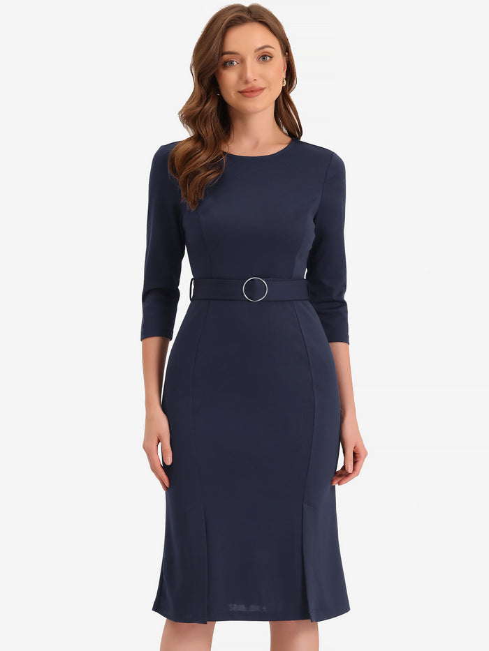 Allegra K Crew Neck 3/4 Sleeve Slit Office Belted Pencil Sheath Dress