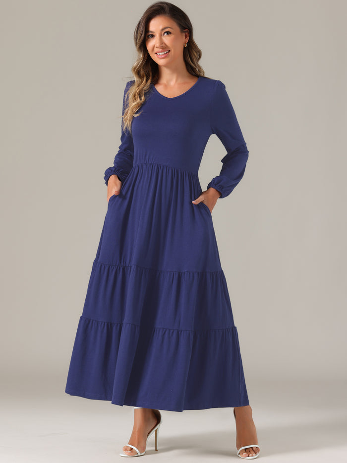 allegra k Crew Neck Long Sleeve Pockets Tiered A-Line Maxi Dress