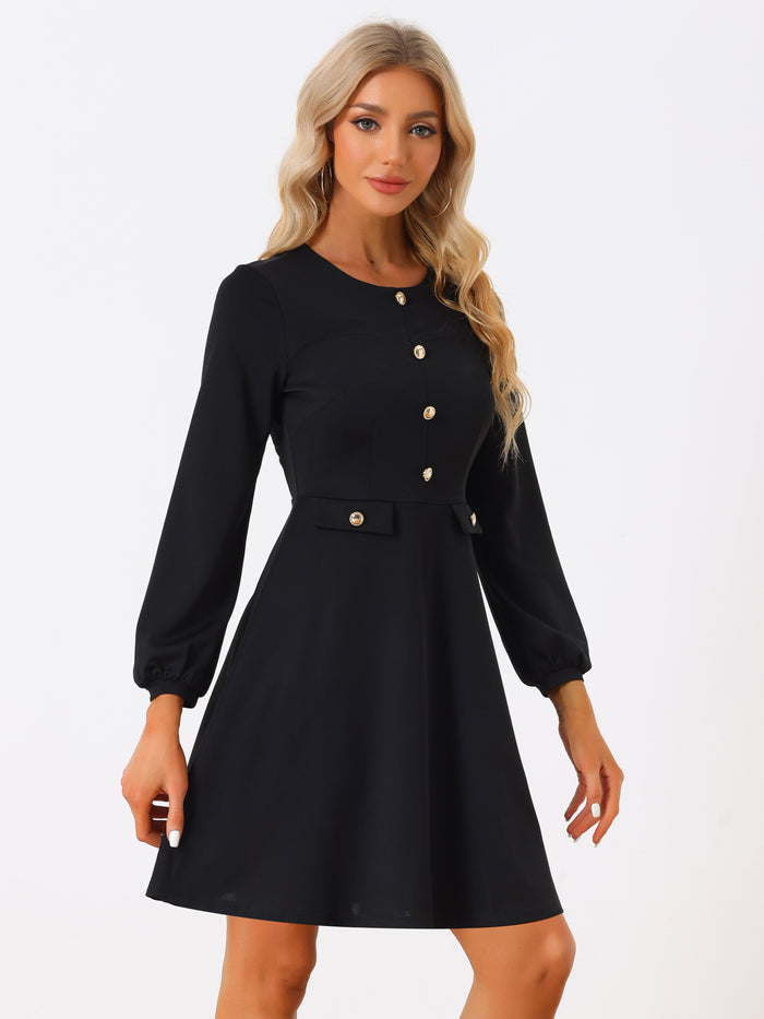 allegra k Crew Neck Office Contrast Button Decor Long Sleeve Dress
