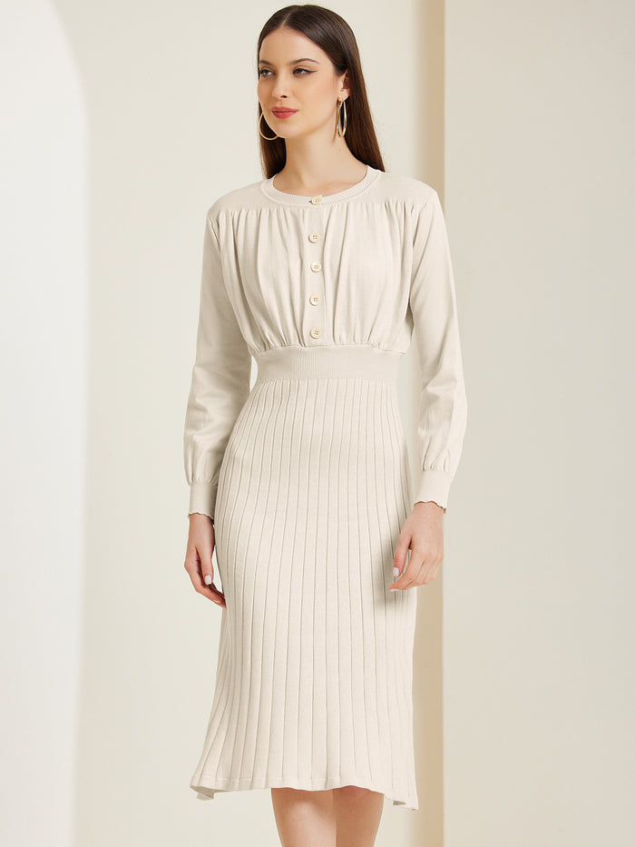 allegra k Crew Neck Pleated Lantern Sleeve Midi Ribbed Knit Sweater Dress