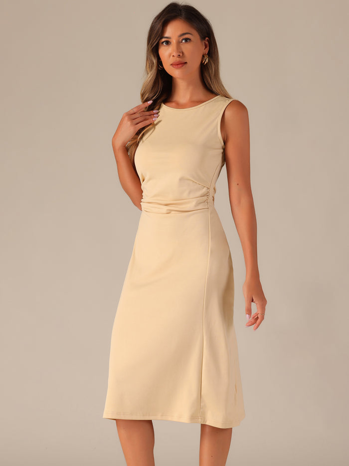 allegra k Crew Neck Ruched Casual Midi Sleeveless Dress