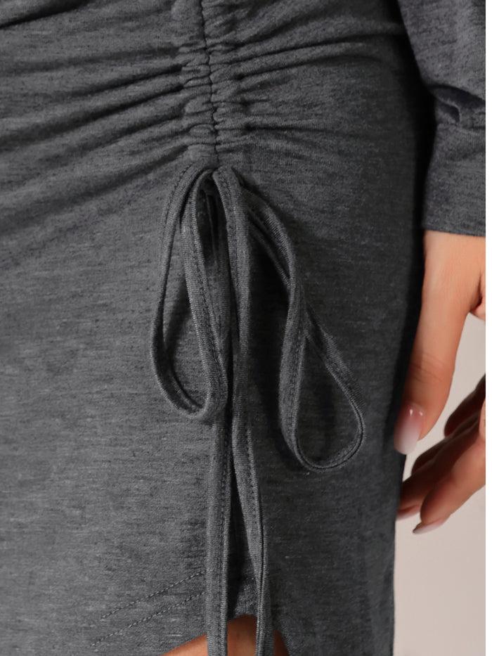 Allegra K Crew Neck Ruched Drawstring Elastic Waist Long Sleeve Casual Mini Dress