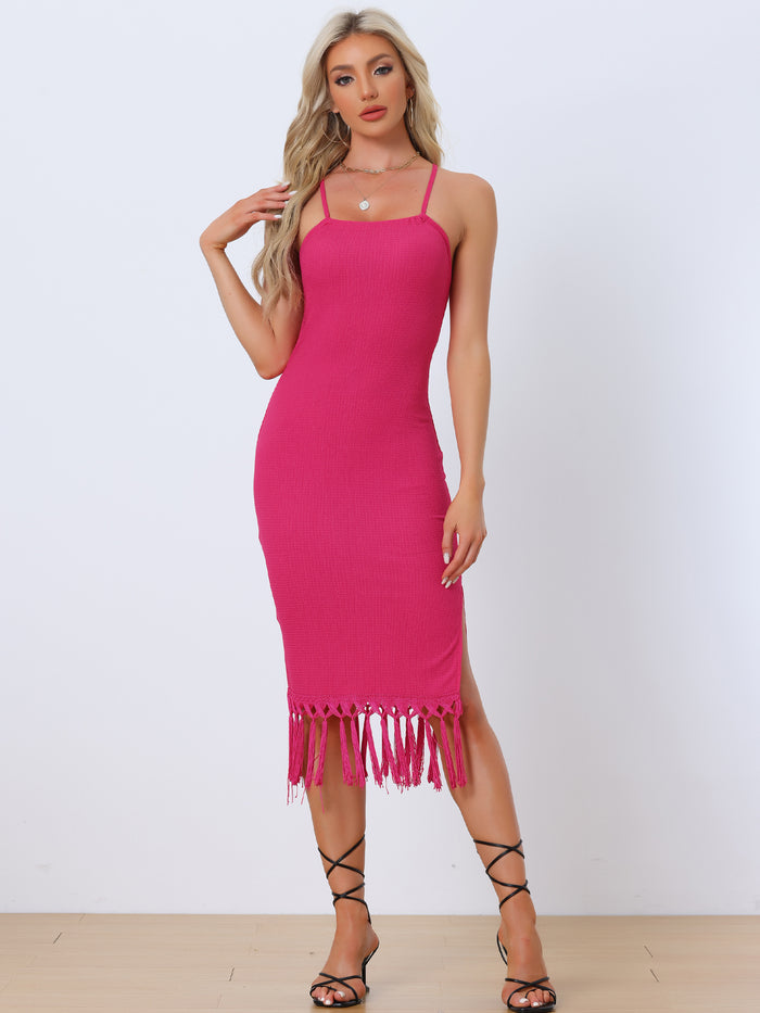 Allegra K Crochet Dress Fringe Hem Boho Beach Sleeveless Dress