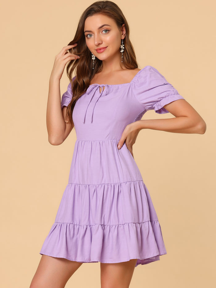Allegra K Cute Flowy Ruffle Short Sleeve Tiered Square Tie Neck Dress