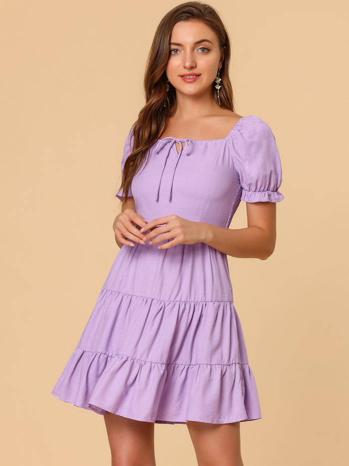 Allegra K Cute Flowy Ruffle Short Sleeve Tiered Square Tie Neck Dress