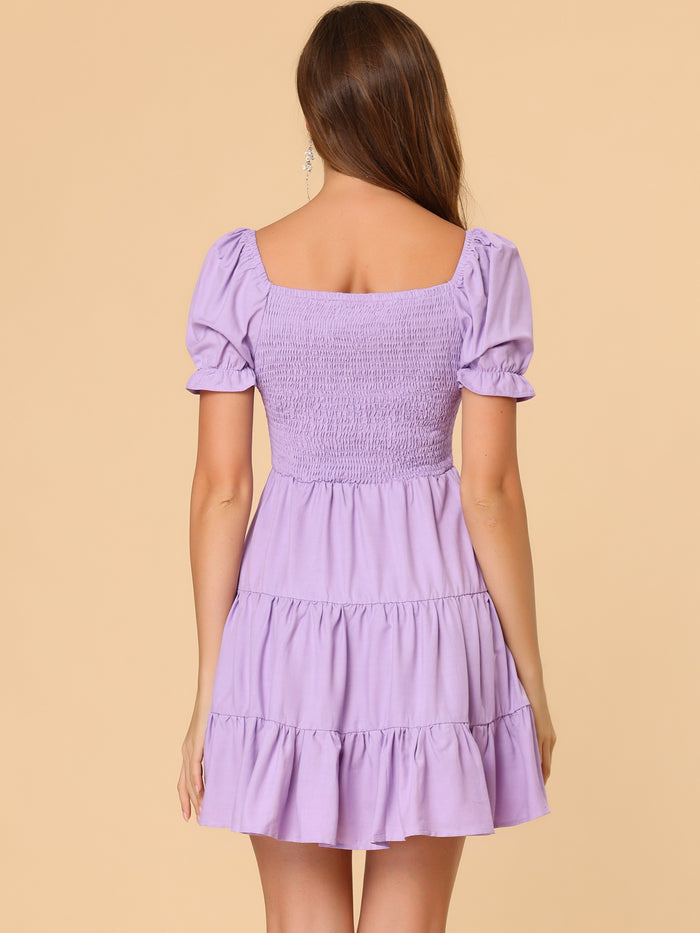 Allegra K Cute Flowy Ruffle Short Sleeve Tiered Square Tie Neck Dress