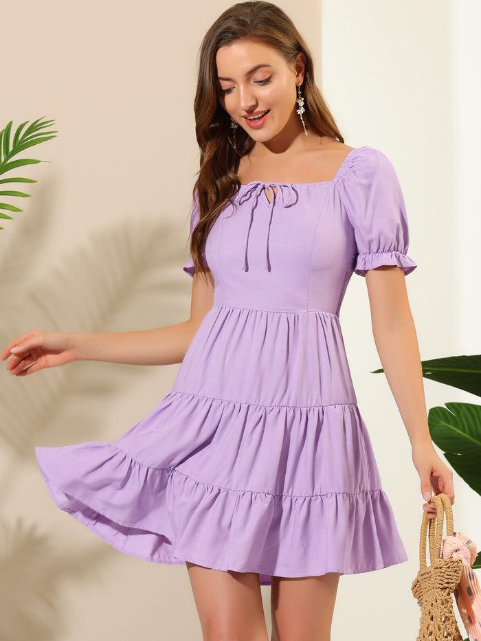 allegra k Cute Flowy Ruffle Short Sleeve Tiered Square Tie Neck Dress