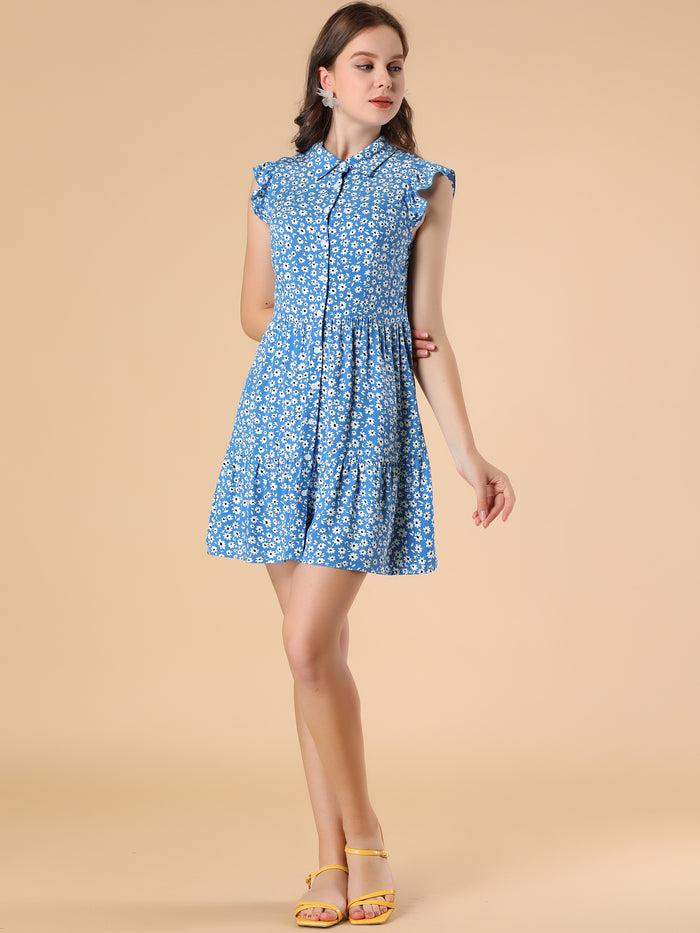 Allegra K Daisy Floral Ruffle Sleeve Pleated Button Up Dress