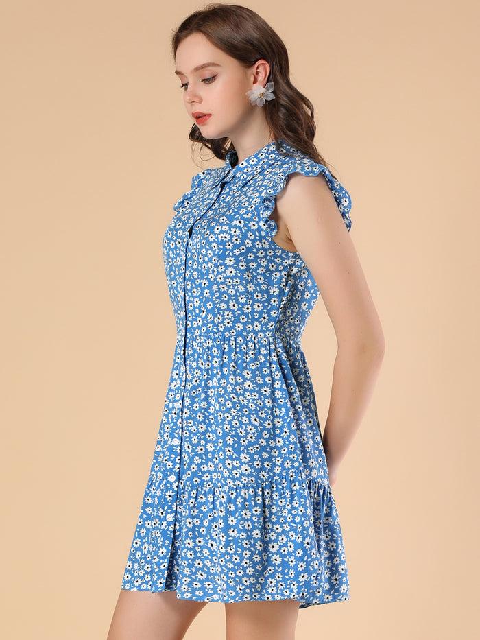Allegra K Daisy Floral Ruffle Sleeve Pleated Button Up Dress