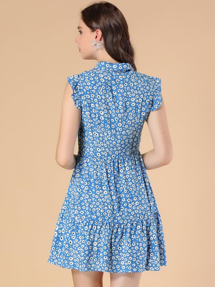 Allegra K Daisy Floral Ruffle Sleeve Pleated Button Up Dress