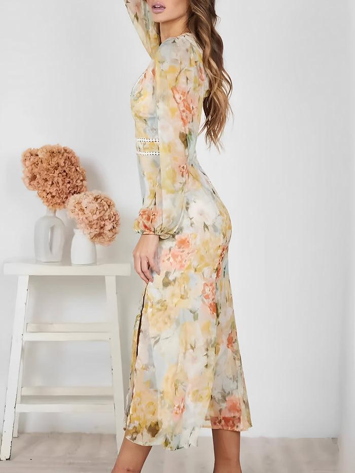 Allegra K Deep V Neck Puff Long Sleeve Floral Midi Dress