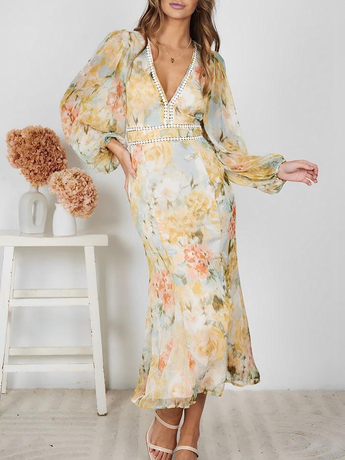 allegra k Deep V Neck Puff Long Sleeve Floral Midi Dress