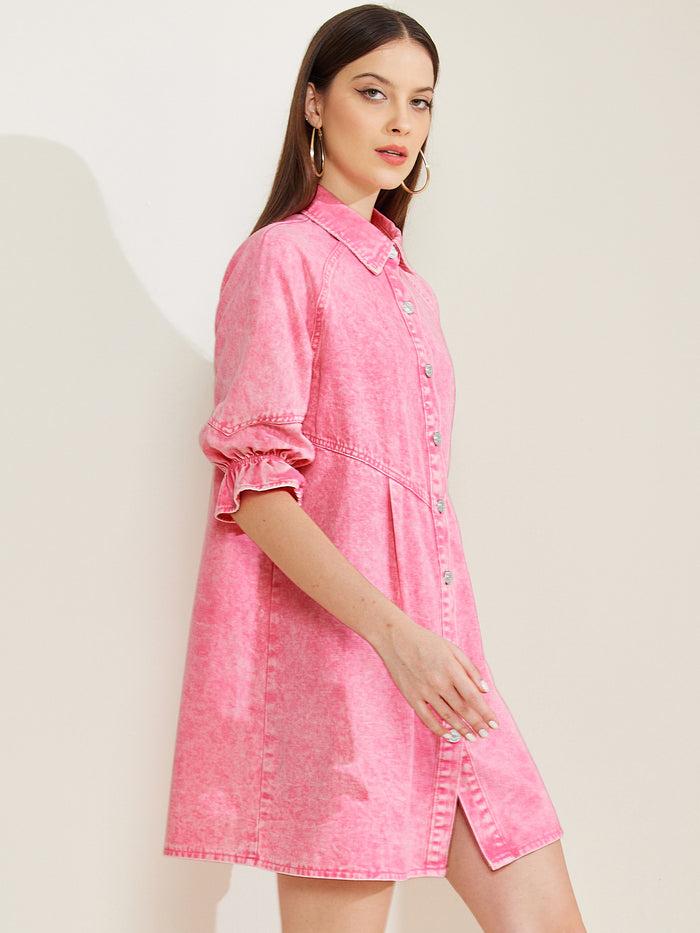 Allegra K Denim 3/4 Lantern Sleeve Babydoll Mini Jean Shirt Dress