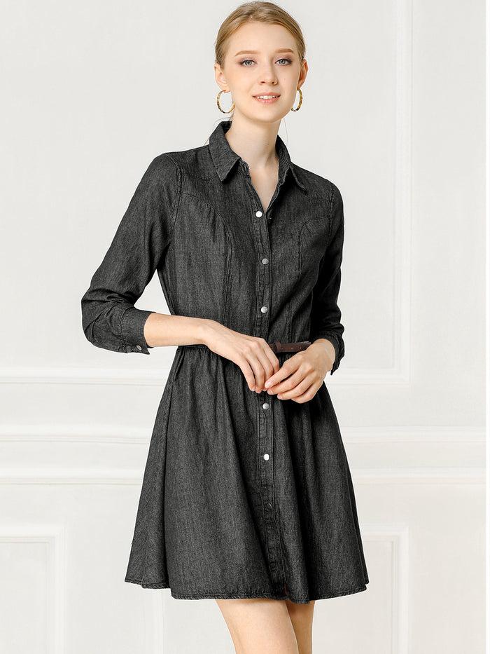 Allegra K Denim Button Down Belted Pleated Flare A-line Shirt Dress