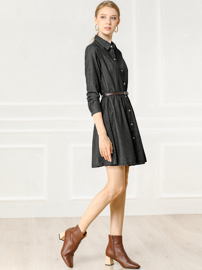 Allegra K Denim Button Down Belted Pleated Flare A-line Shirt Dress