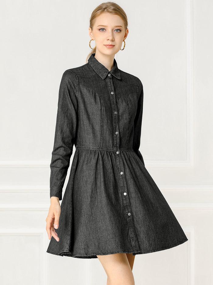 allegra k Denim Button Down Belted Pleated Flare A-line Shirt Dress
