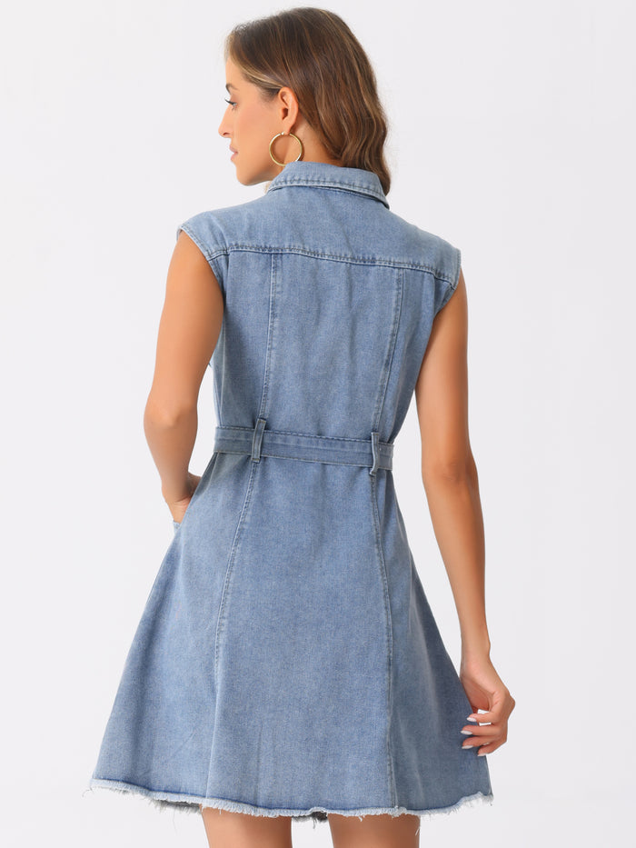 Allegra K Denim Button Down Lapel Belted A-Line Pockets Mini Shirt Dress