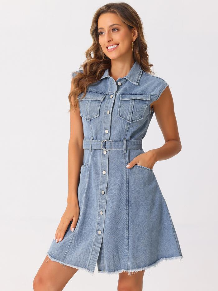allegra k Denim Button Down Lapel Belted A-Line Pockets Mini Shirt Dress