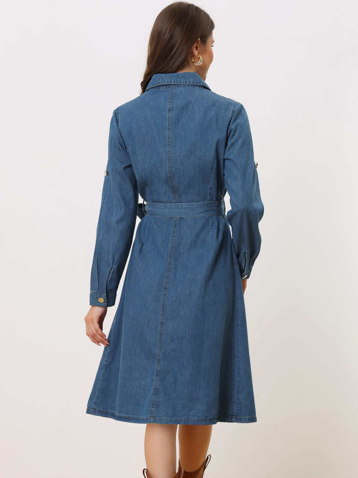 Allegra K Denim Button Down Long Sleeve Belted Classic Jean Shirt Dress