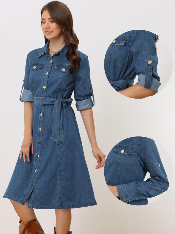 Allegra K Denim Button Down Long Sleeve Belted Classic Jean Shirt Dress