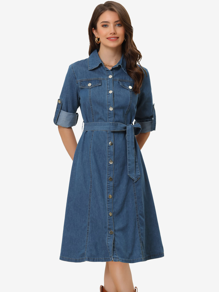 Allegra K Denim Button Down Long Sleeve Belted Classic Jean Shirt Dress