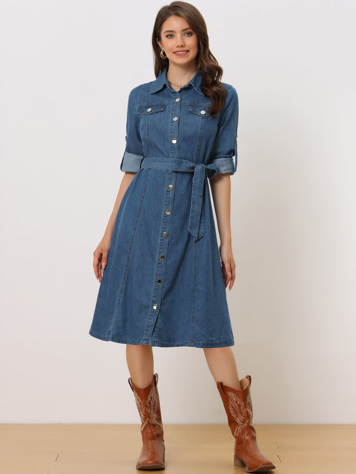 allegra k Denim Button Down Long Sleeve Belted Classic Jean Shirt Dress