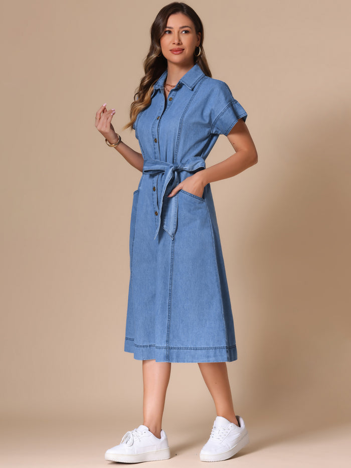 Allegra K Denim Button Down Short Sleeves Belted Midi Dress