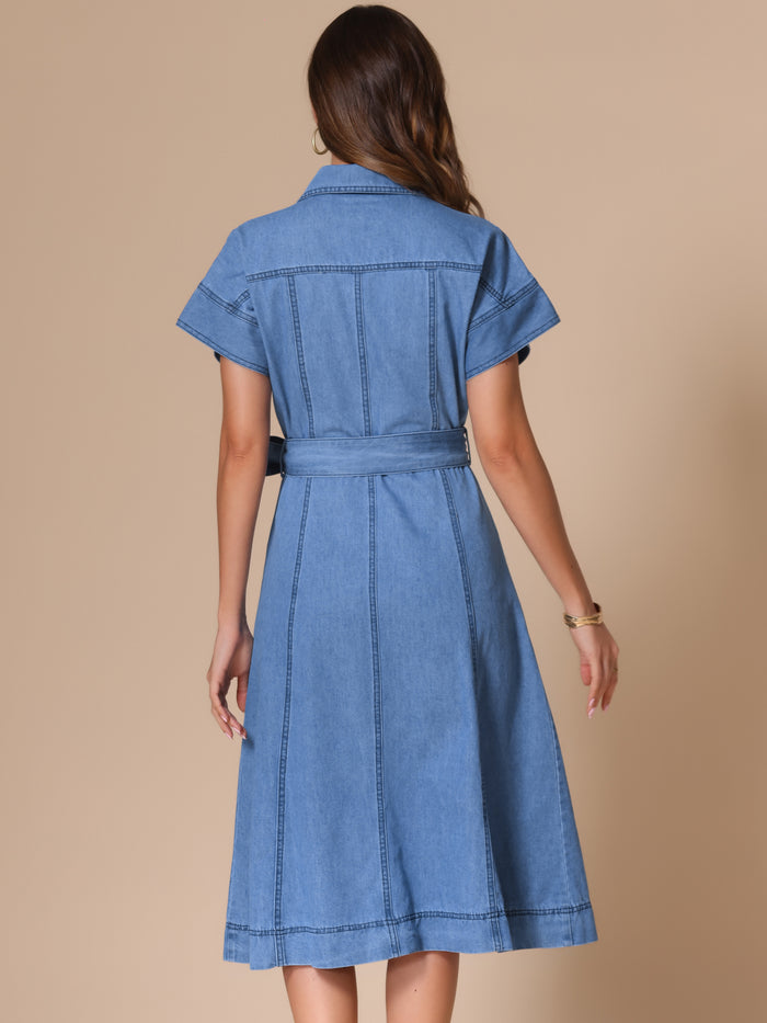 Allegra K Denim Button Down Short Sleeves Belted Midi Dress