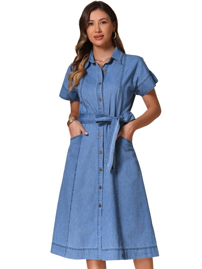 Allegra K Denim Button Down Short Sleeves Belted Midi Dress