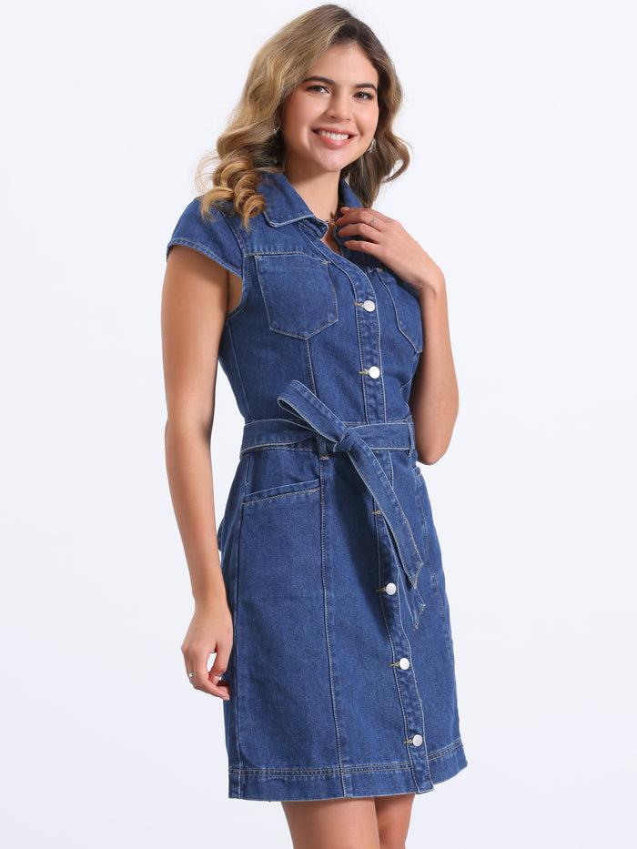 Allegra K Denim Cap Sleeve Belted Button Down Jean Shirt Dress