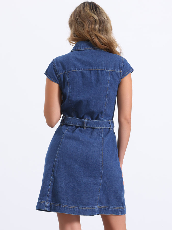 Allegra K Denim Cap Sleeve Belted Button Down Jean Shirt Dress