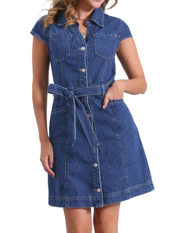 Allegra K Denim Cap Sleeve Belted Button Down Jean Shirt Dress
