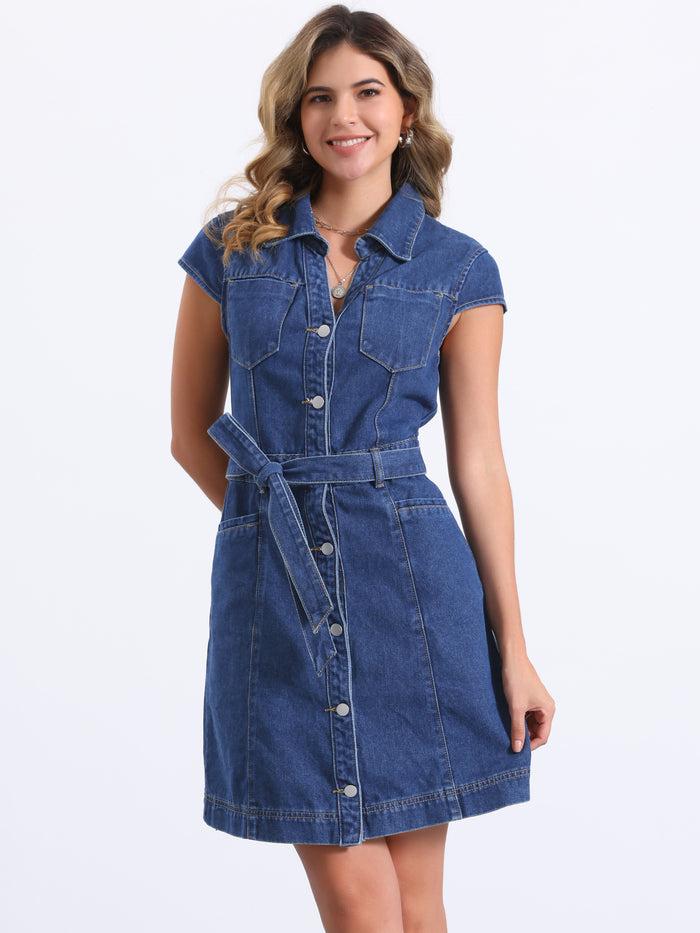 allegra k Denim Cap Sleeve Belted Button Down Jean Shirt Dress