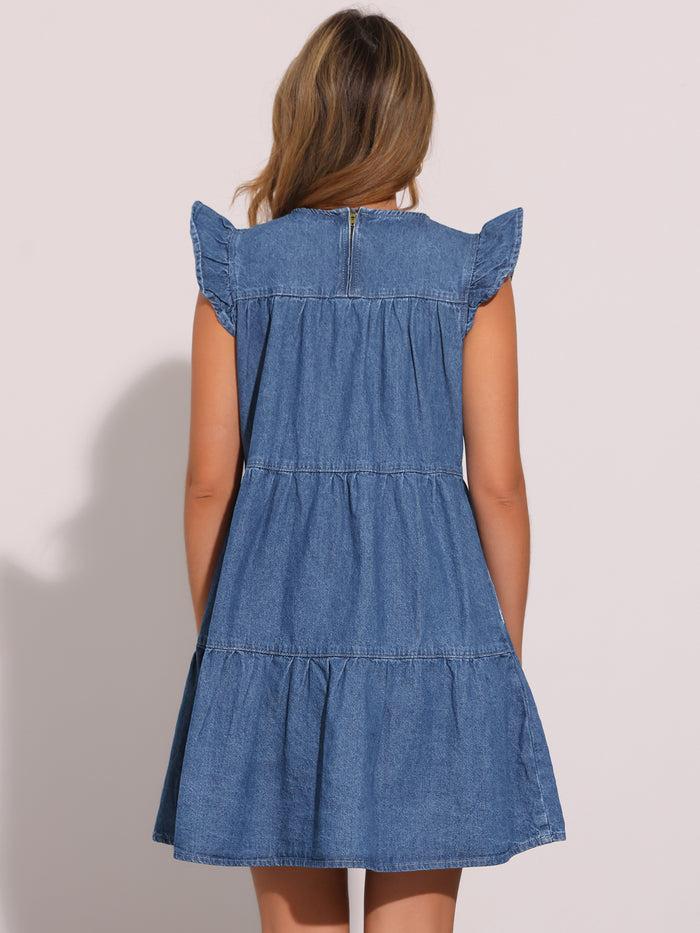Allegra K Denim Casual Ruffled Cap Sleeves Tiered Mini Dress