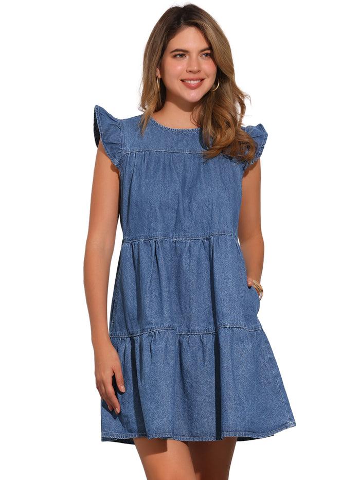 Allegra K Denim Casual Ruffled Cap Sleeves Tiered Mini Dress